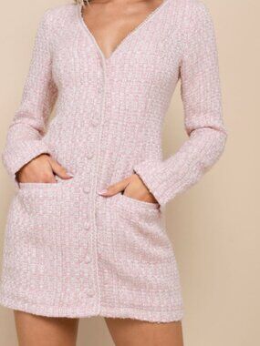 Lulus Beautifully Posh Pink Bouclé Button-Front Mini Dress – Size Medium
